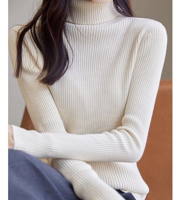 ブルベ夏/冬服　上品タートルネック縦リブニットトップス