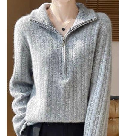ブルベ夏/冬服　ケーブル編みフード付きハーフジップニット