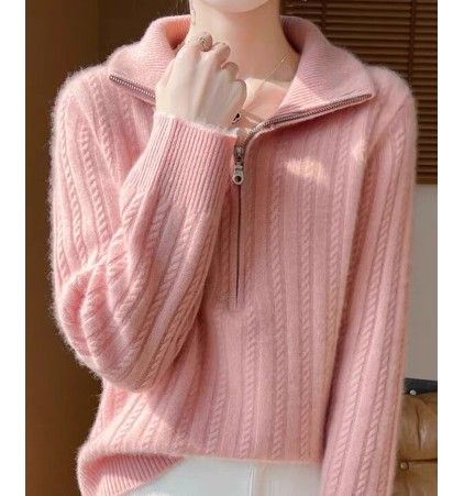 ブルベ夏/冬服　ケーブル編みフード付きハーフジップニット