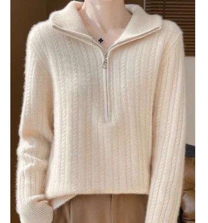 ブルベ夏/冬服　ケーブル編みフード付きハーフジップニット