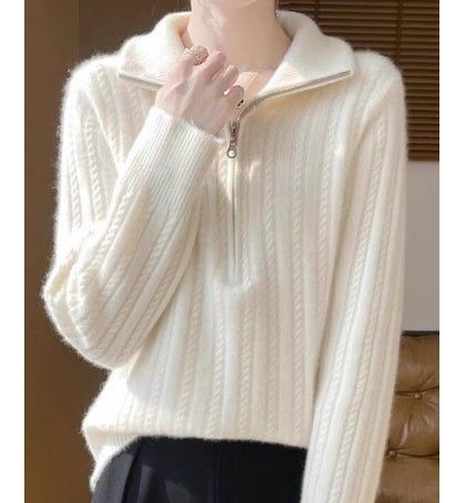 ブルベ夏/冬服　ケーブル編みフード付きハーフジップニット