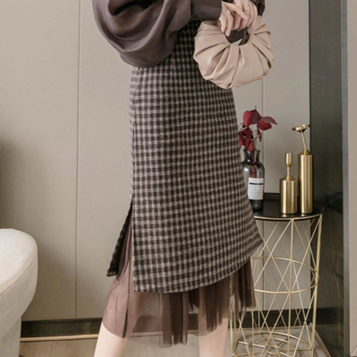 ブルベ夏/ブルベ冬服　チェック柄重ね着風チュール裾ミディ丈スカート