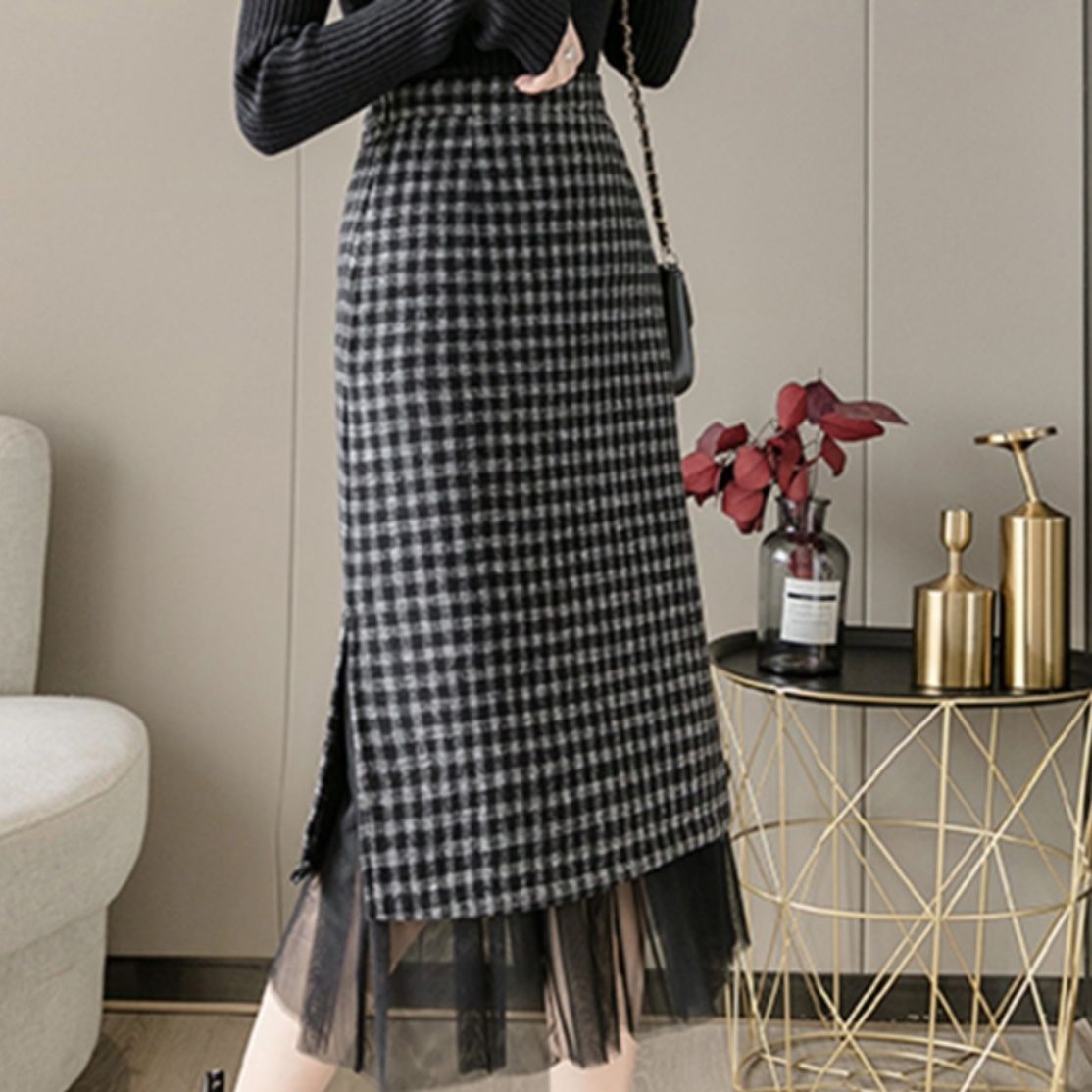 ブルベ夏/ブルベ冬服　チェック柄重ね着風チュール裾ミディ丈スカート