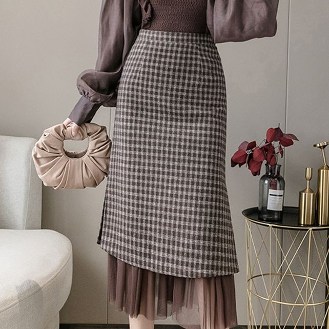 ブルベ夏/ブルベ冬服　チェック柄重ね着風チュール裾ミディ丈スカート