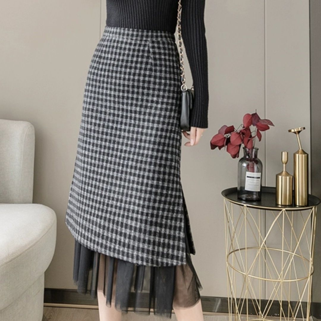 ブルベ夏/ブルベ冬服　チェック柄重ね着風チュール裾ミディ丈スカート