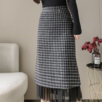 ブルベ夏/ブルベ冬服　チェック柄重ね着風チュール裾ミディ丈スカート