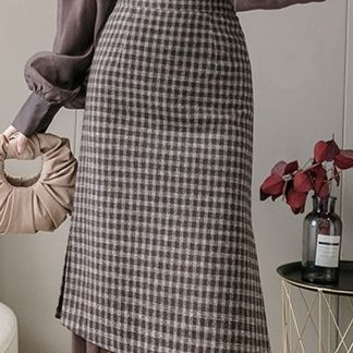 ブルベ夏/ブルベ冬服　チェック柄重ね着風チュール裾ミディ丈スカート