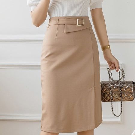ブルベファッション 上品ベルトデザインハイウエストタイトスカート