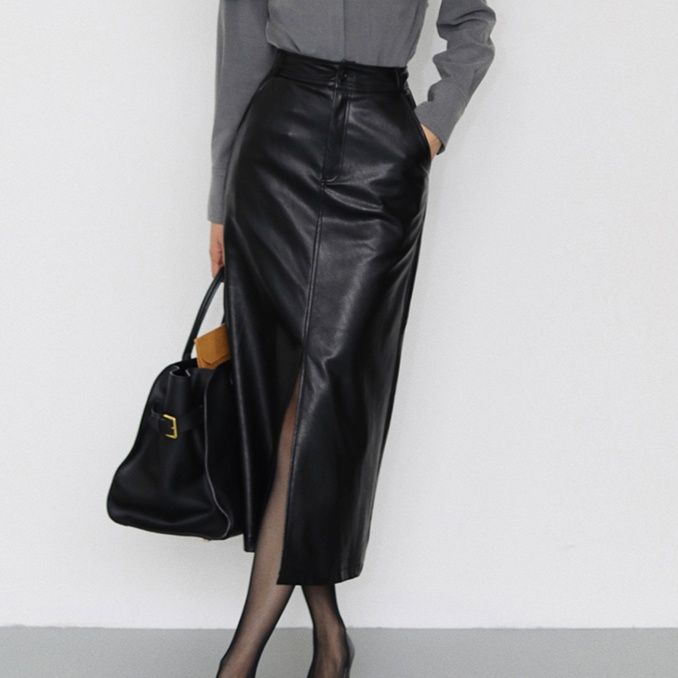 ブルベ冬服 ハイウエスト合成皮革ロングタイトスカート
