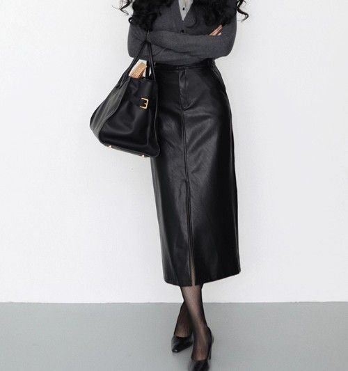 ブルベ冬服　ハイウエスト合成皮革ロングタイトスカート