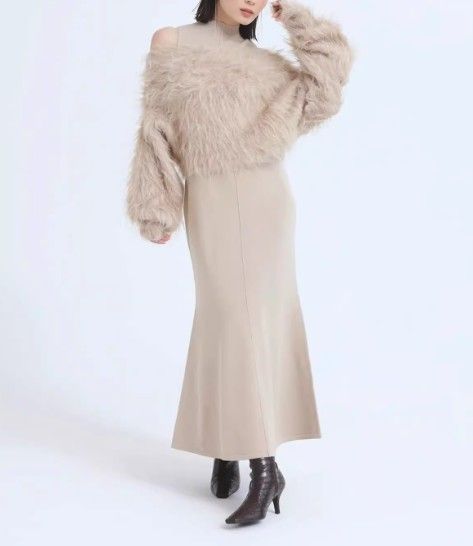 ブルベ夏/ブルベ冬服　ファー風ニットカーディガン＋ベストワンピースセット