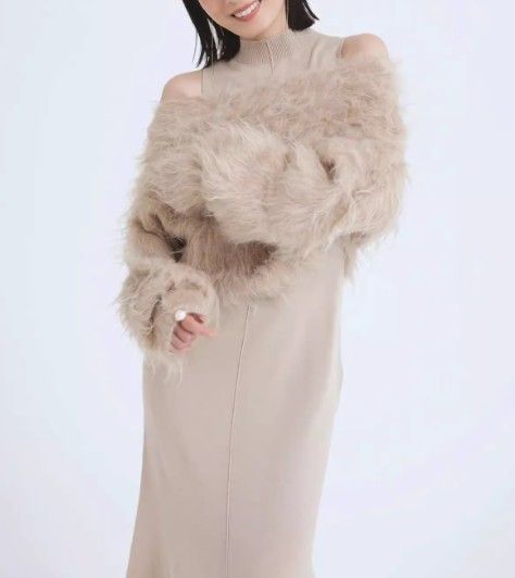 ブルベ夏/ブルベ冬服　ファー風ニットカーディガン＋ベストワンピースセット