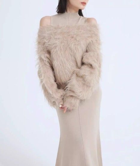 ブルベ夏/ブルベ冬服　ファー風ニットカーディガン＋ベストワンピースセット