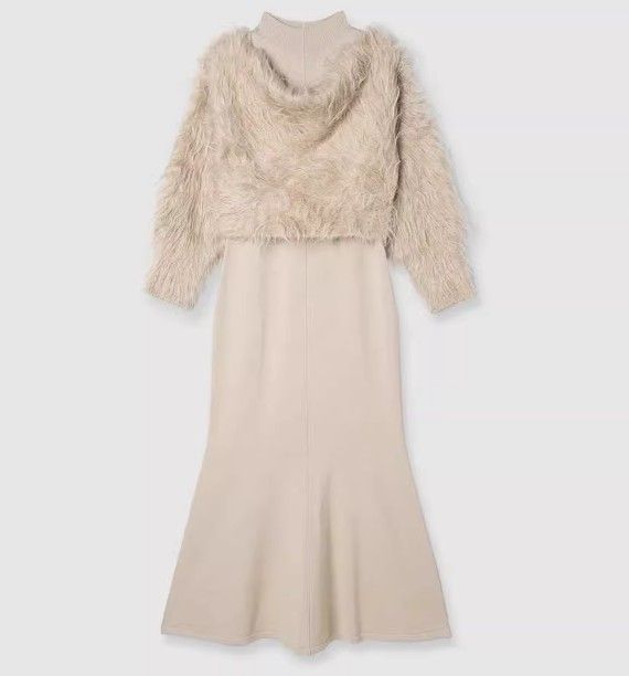 ブルベ夏/ブルベ冬服　ファー風ニットカーディガン＋ベストワンピースセット