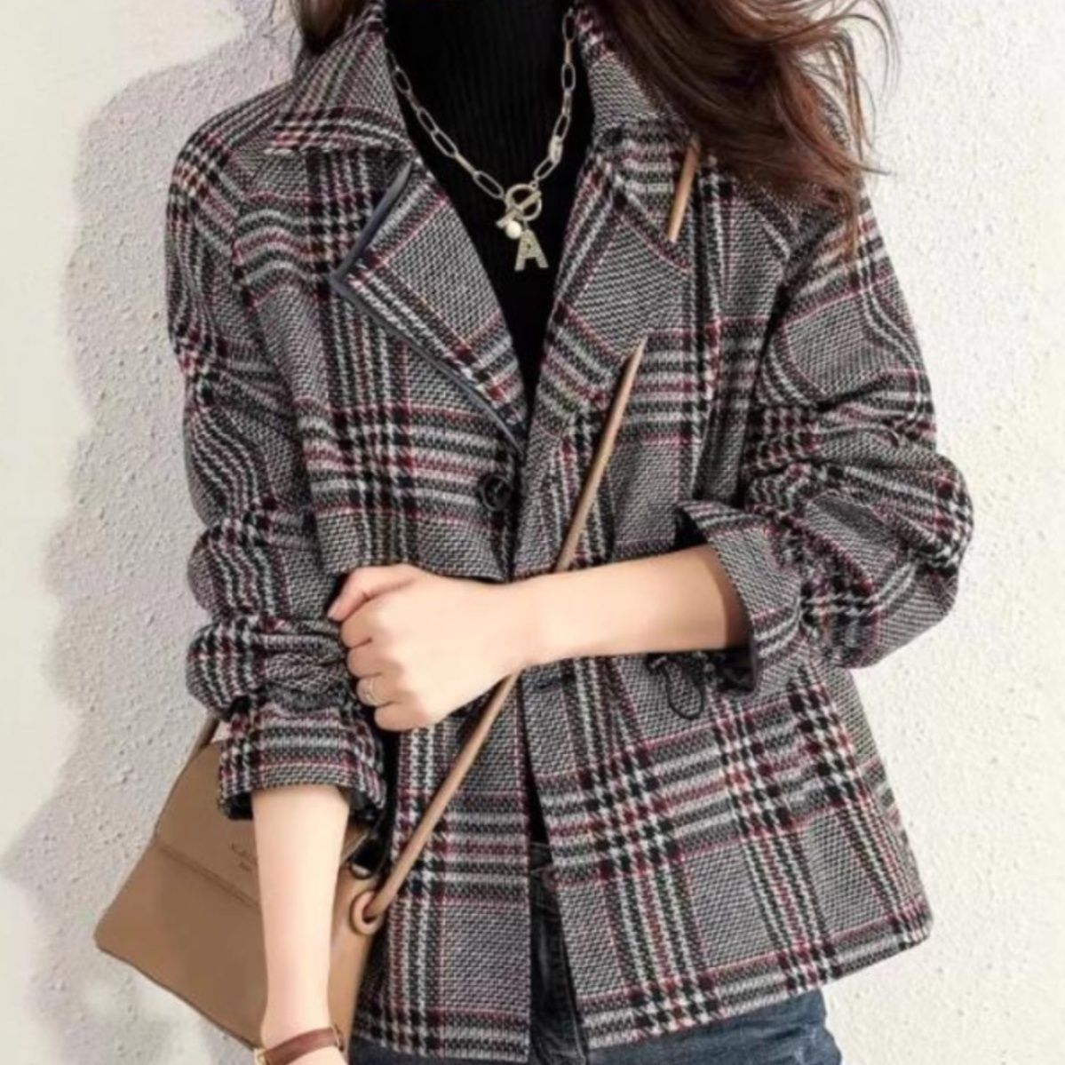 ブルベ夏/ブルベ冬服 格子柄ダブルボタンショート丈テーラードジャケット