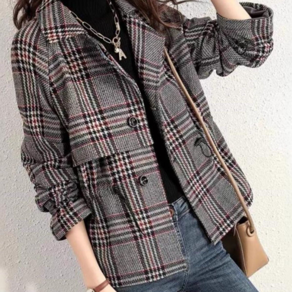 ブルベ夏/ブルベ冬服　格子柄ダブルボタンショート丈テーラードジャケット