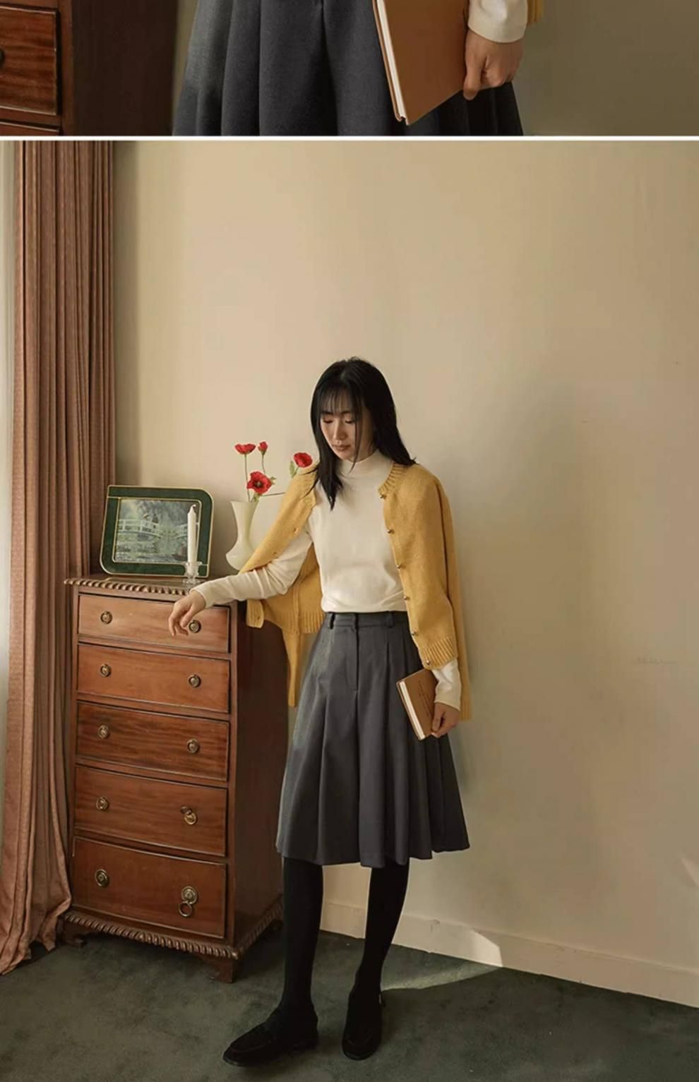 ブルベファッション 上品タック入り膝丈フレアスカート