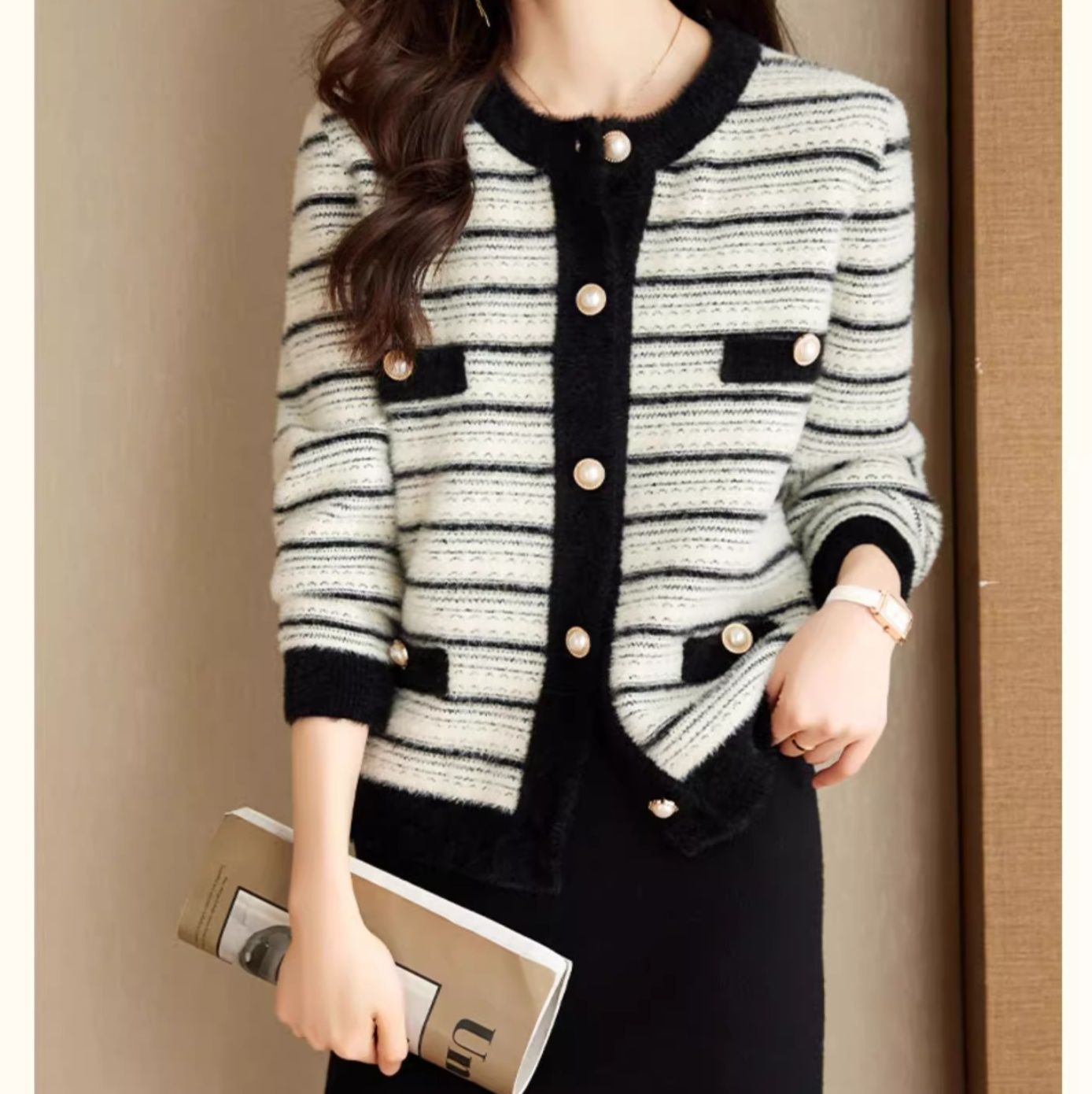 ブルベ夏/ブルベ冬服　上品ボーダー編みふわもこ前開きカーディガン