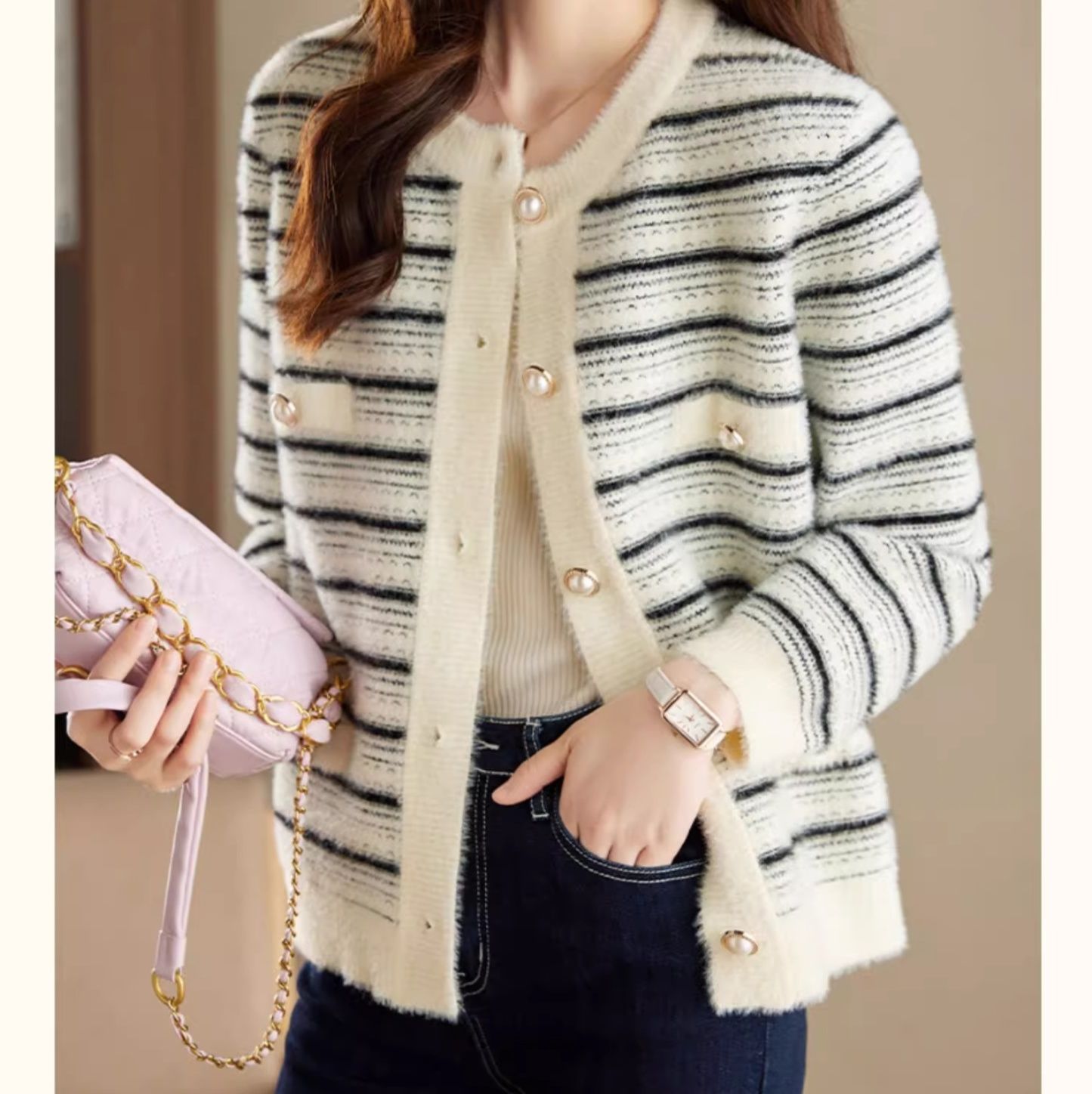 ブルベ夏/ブルベ冬服 上品ボーダー編みふわもこ前開きカーディガン