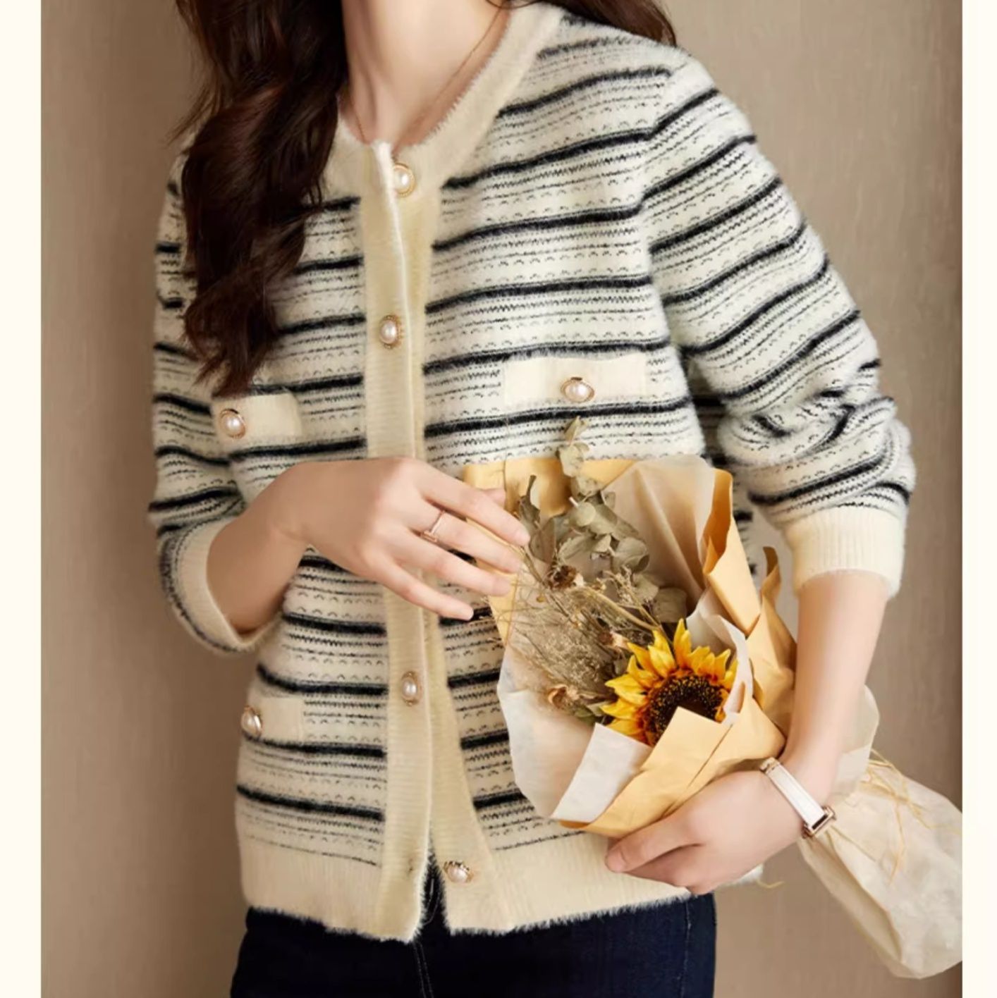 ブルベ夏/ブルベ冬服　上品ボーダー編みふわもこ前開きカーディガン