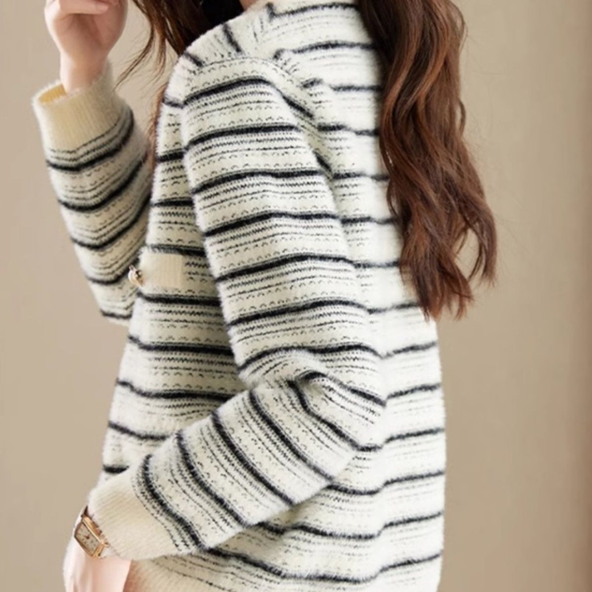 ブルベ夏/ブルベ冬服　上品ボーダー編みふわもこ前開きカーディガン