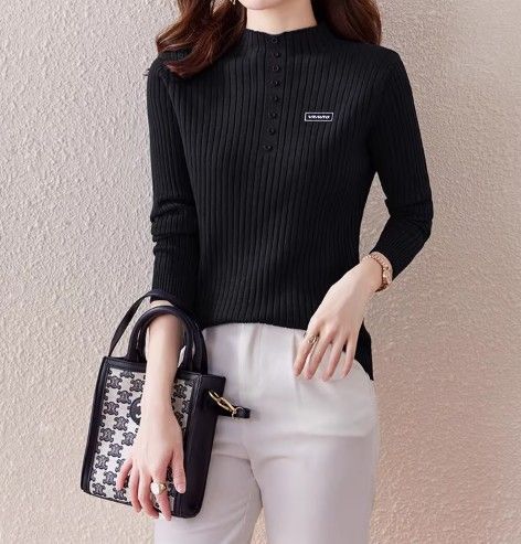 ブルベ夏/ブルベ冬服　リブ編み前開きボタン付きハイネックニット