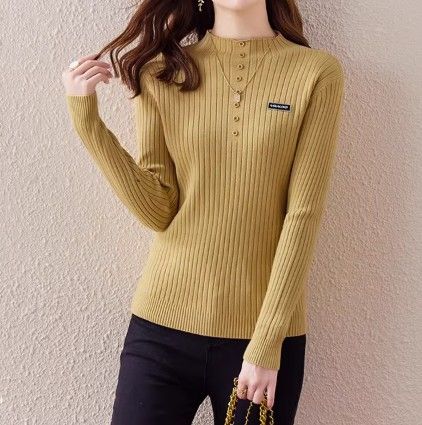 ブルベ夏/ブルベ冬服　リブ編み前開きボタン付きハイネックニット