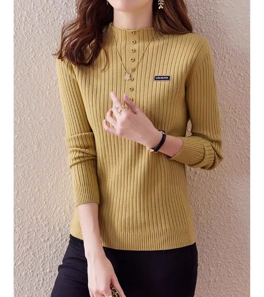 ブルベ夏/ブルベ冬服　リブ編み前開きボタン付きハイネックニット