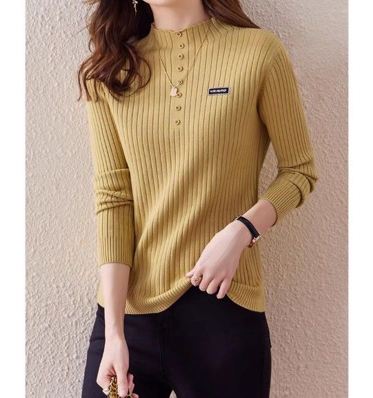 ブルベ夏/ブルベ冬服　リブ編み前開きボタン付きハイネックニット