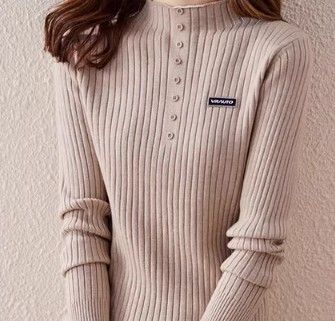 ブルベ夏/ブルベ冬服　リブ編み前開きボタン付きハイネックニット