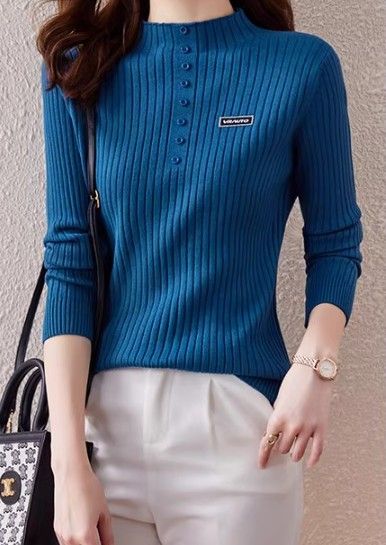 ブルベ夏/ブルベ冬服　リブ編み前開きボタン付きハイネックニット