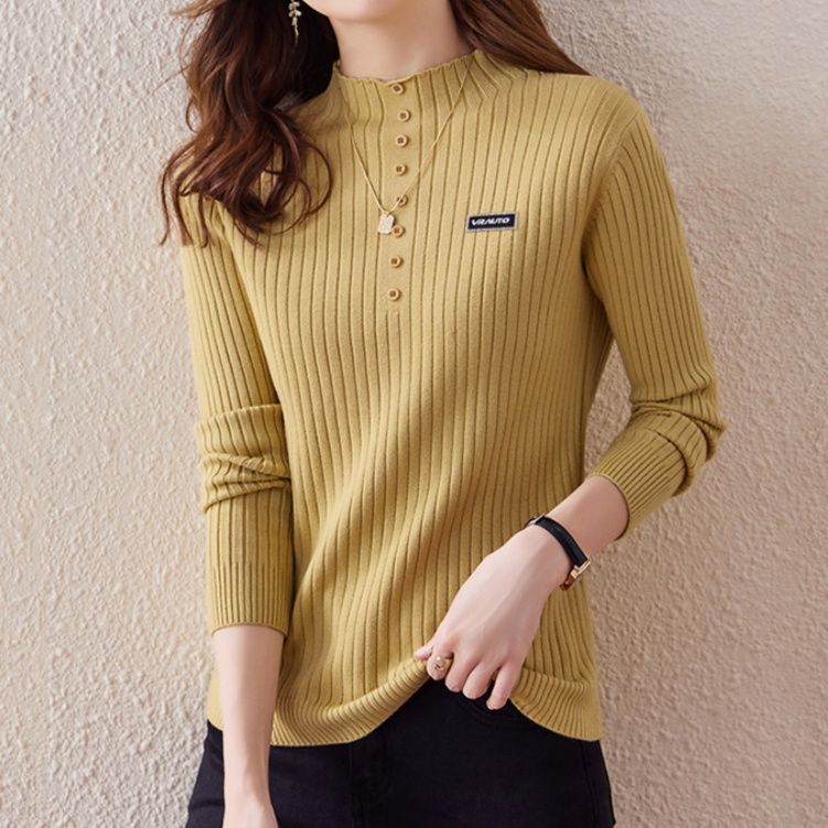 ブルベ夏/ブルベ冬服 リブ編み前開きボタン付きハイネックニット