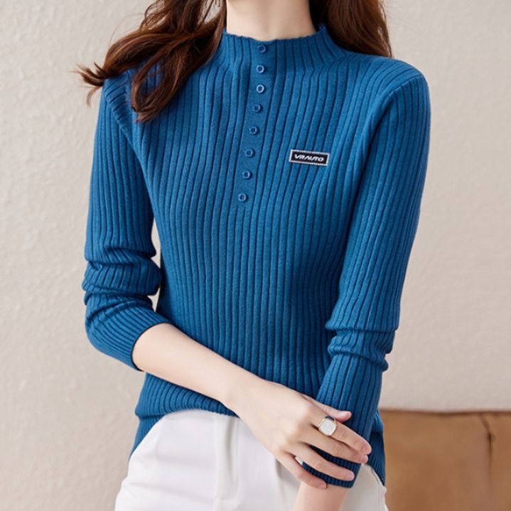 ブルベ夏/ブルベ冬服　リブ編み前開きボタン付きハイネックニット