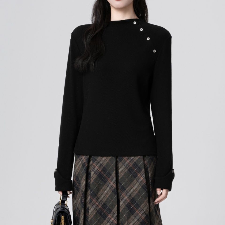 ブルベ冬服 サイドボタン装飾長袖ニットトップス