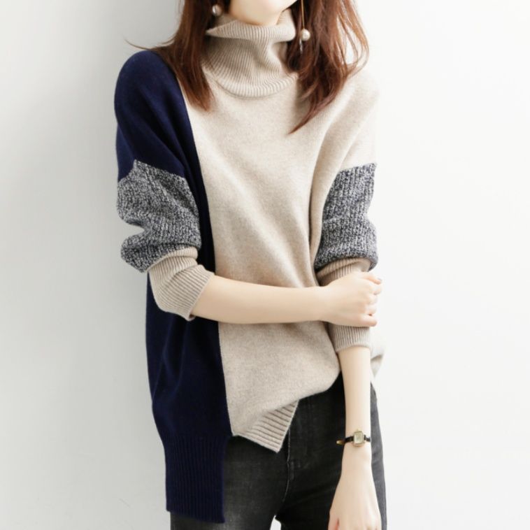 ブルベ夏/ブルベ冬服 配色切替えタートルネック長袖ニット
