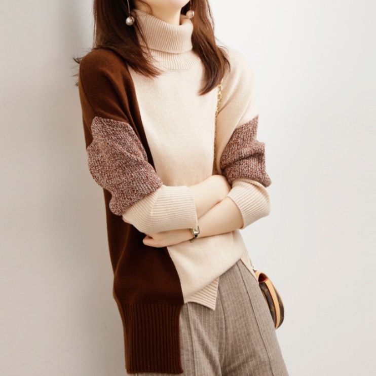 ブルベ夏/ブルベ冬服　配色切替えタートルネック長袖ニット