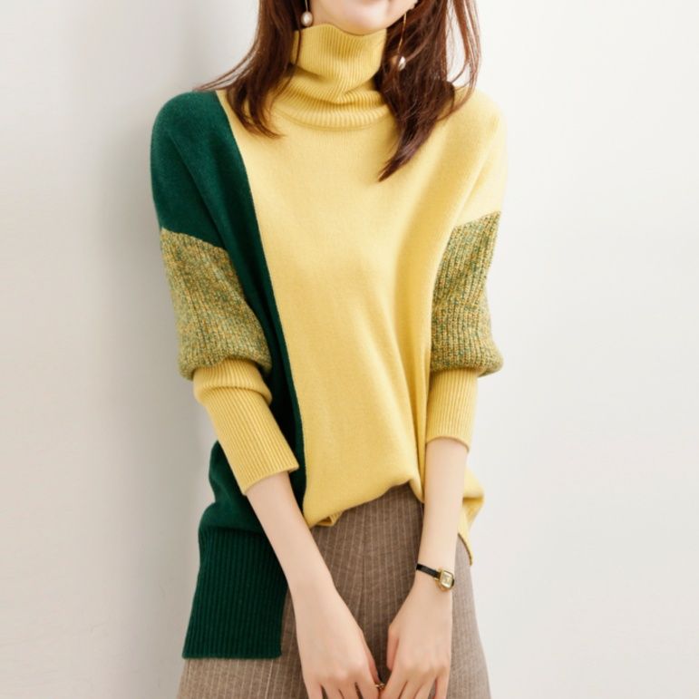 ブルベ夏/ブルベ冬服　配色切替えタートルネック長袖ニット