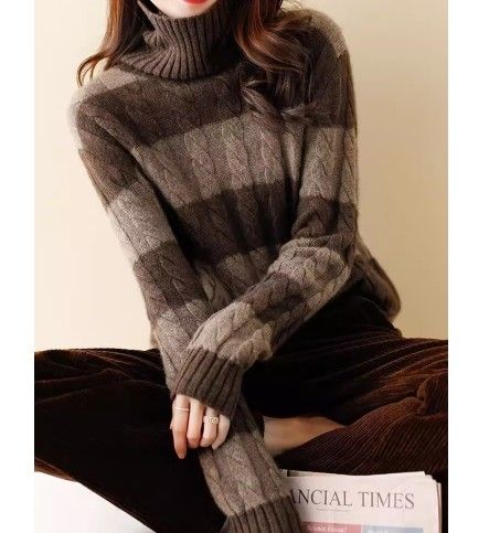 ブルベ夏服 立体ケーブル編みタートルネック長袖ニット