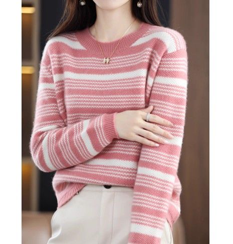 ブルベ夏/ブルベ冬服　 波模様編みが美しい上品ボーダー長袖プルオーバー