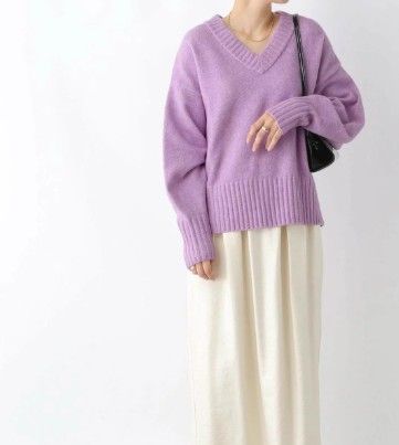 ブルベ夏/ブルベ冬服　ふわりと優しいブイネック長袖ニット