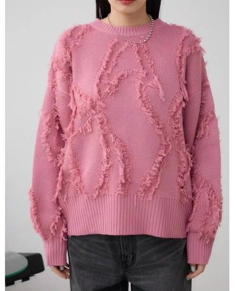 ブルベ夏/ブルベ冬服　 フリンジデザイン丸首長袖ニット