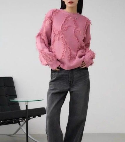 ブルベ夏/ブルベ冬服　 フリンジデザイン丸首長袖ニット