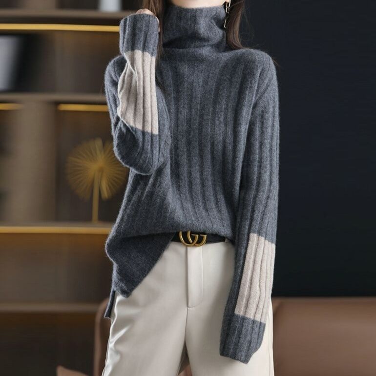 ブルベファッション 配色切替えリブ編みタートルネックニット
