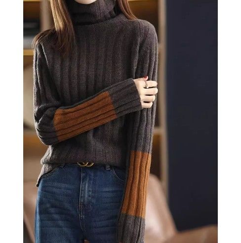 ブルベファッション 配色切替えリブ編みタートルネックニット