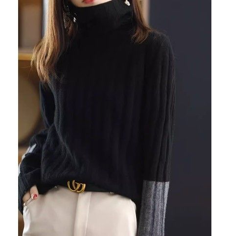 ブルベファッション 配色切替えリブ編みタートルネックニット