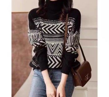 ブルベ冬服　幾何学模様タートルネック長袖ニットセーター