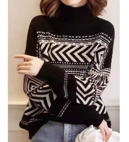 ブルベ冬服　幾何学模様タートルネック長袖ニットセーター