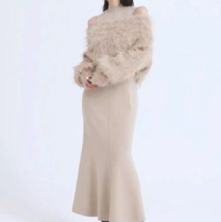 ブルベ夏/ブルベ冬服　ファー風ニットカーディガン＋ベストワンピースセット