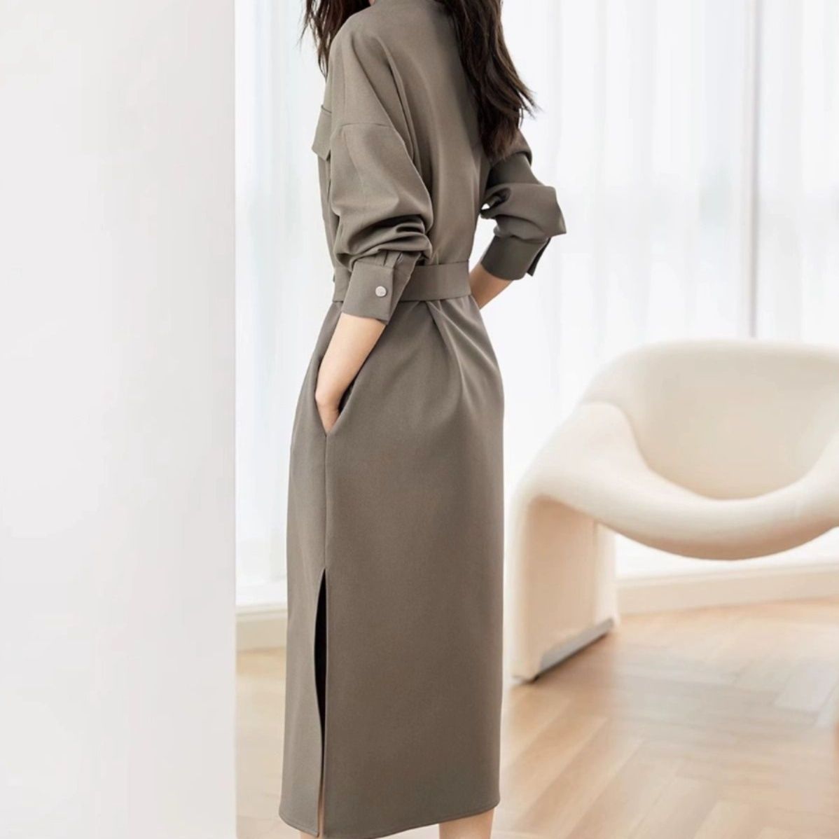 ブルベ夏服 ハイウェスト シャツワンピース