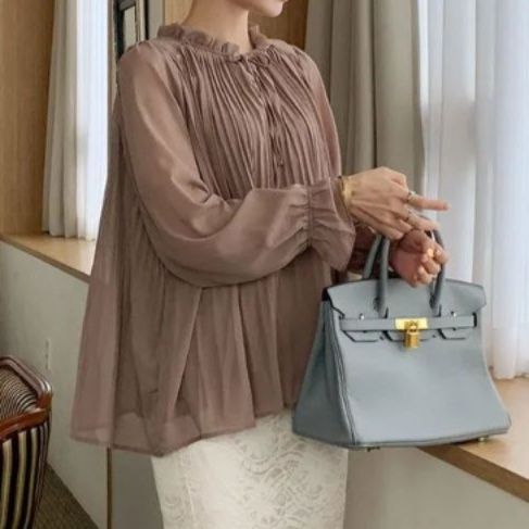 ブルベ夏/ブルベ冬服 韓国風プリーツ長袖シャツ・ブラウス